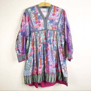 J Pret Boho Babydoll Blouse Tassels Women Small Mixed Media Floral Stripe V Neck
